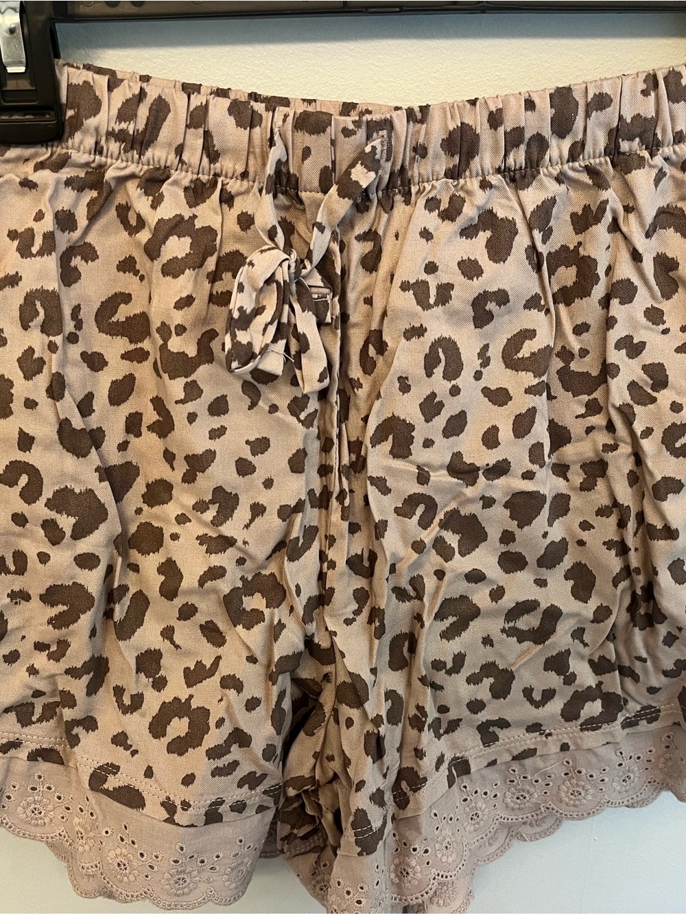 Zoe + Liv Taupe and Brown Leopard Tie-Waist Shorts with Lace Hem